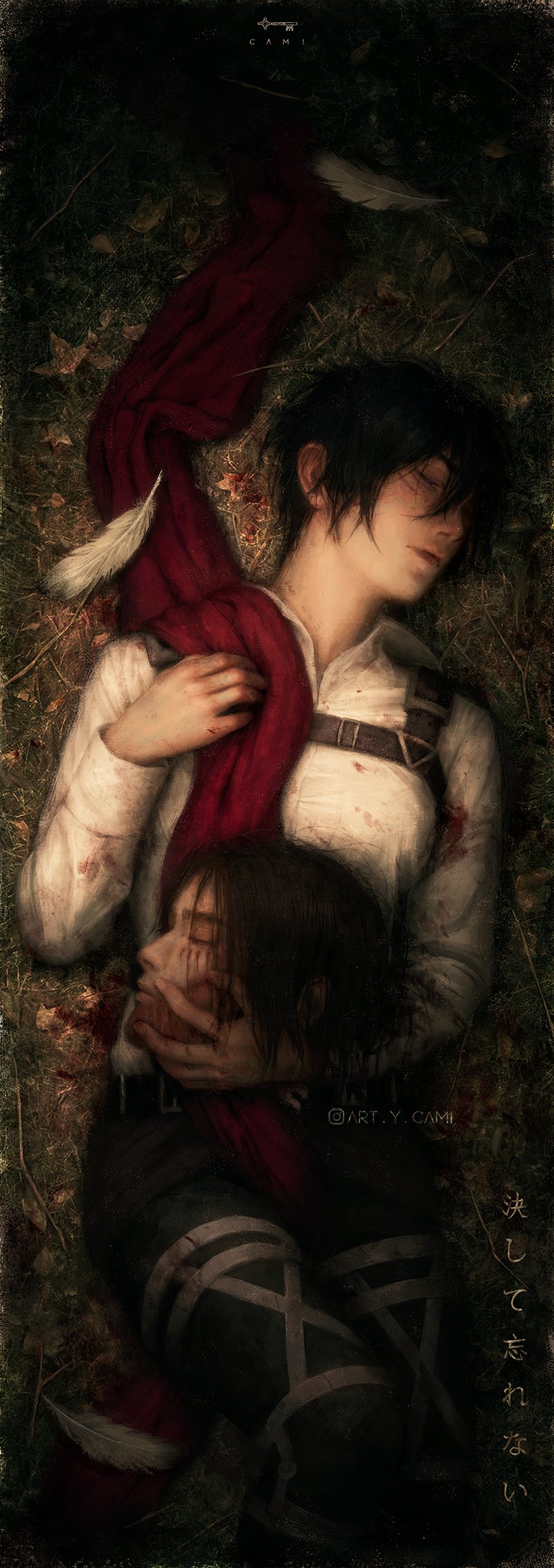1boy 1girl artcami artist_name black_hair blood blood_on_clothes brown_hair closed_eyes eren_yeager feathers feet_out_of_frame grass highres holding_head instagram_logo instagram_username lying mikasa_ackerman on_back on_grass red_scarf scar scar_on_face scarf shingeki_no_kyojin translation_request