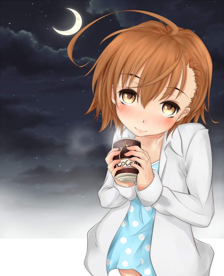 1girl ahoge blue_dress blush brown_eyes brown_hair child closed_mouth cloud cloudy_sky commentary_request crescent_moon cup dress feet_out_of_frame hair_between_eyes hands_up head_tilt holding holding_cup last_order_(toaru_majutsu_no_index) long_sleeves looking_at_viewer medium_hair moon night night_sky open_clothes open_shirt outdoors oversized_clothes oversized_shirt polka_dot polka_dot_dress shin_(highest1192) shirt sky smile solo star_(sky) starry_sky steam toaru_majutsu_no_index white_shirt