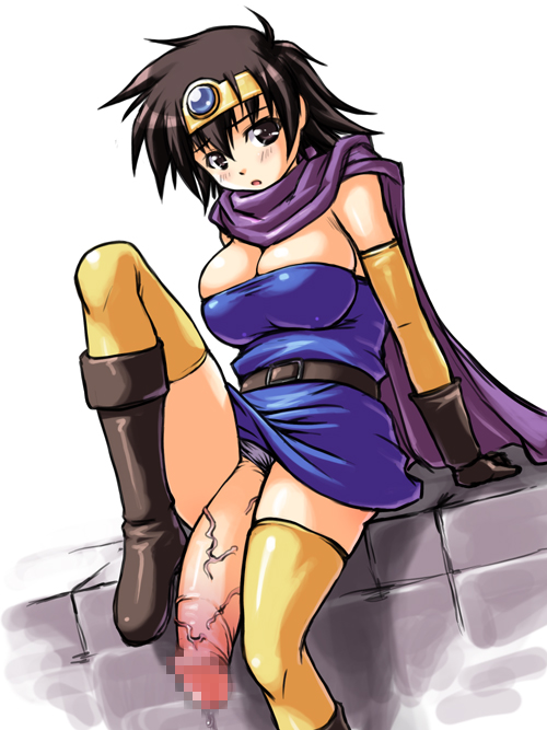 abu blush boots breasts brown_eyes brown_hair cape censored circlet cleavage dragon_quest dragon_quest_iii elbow_gloves futanari gloves huge_penis large_breasts mosaic_censoring penis roto short_hair solo thighhighs veins veiny_penis