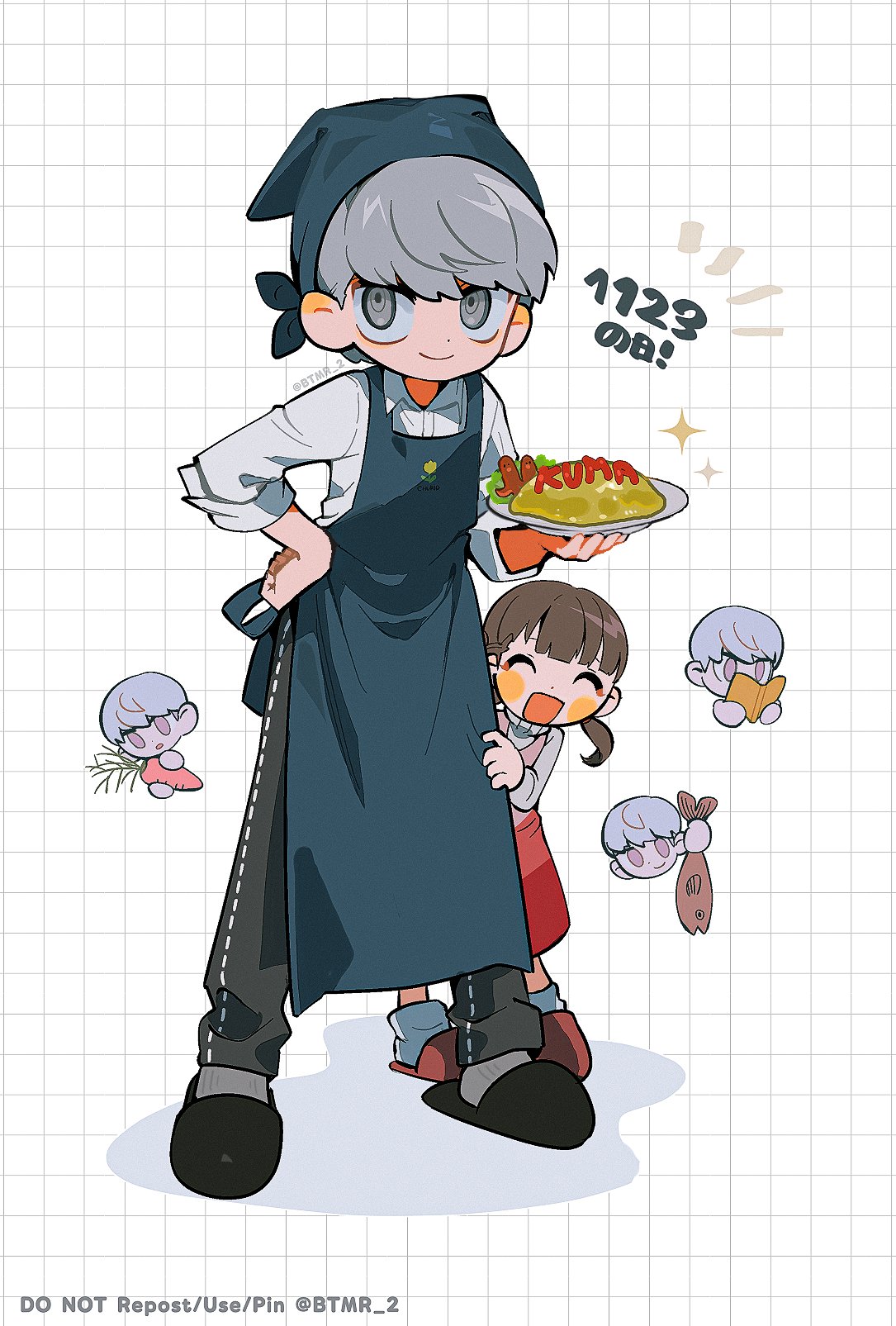 1boy 1girl ^_^ apron black_footwear black_pants blue_apron brown_hair btmr_game carrot chibi closed_eyes closed_mouth doujima_nanako fish food food_art full_body grey_eyes grey_hair hand_on_own_hip head_scarf highres holding holding_plate multiple_views narukami_yuu omelet omurice open_mouth pants persona persona_4 pink_footwear plate shirt simple_background slippers sparkle standing tako-san_wiener white_shirt