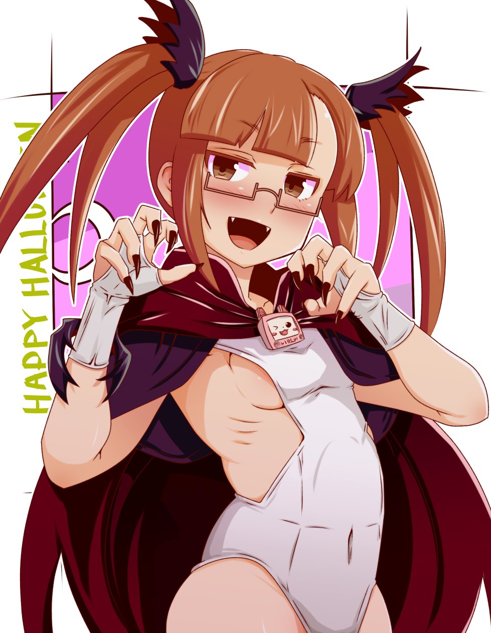 1girl black_ribbon blunt_bangs blush bow breasts brown-framed_eyewear brown_eyes brown_hair brown_nails cape claw_pose clothing_cutout collarbone covered_navel cowboy_shot crescent_moon fangs fingerless_gloves fingernails glasses gloves hair_bow hair_ribbon hands_up happy_halloween highres idolmaster idolmaster_cinderella_girls idolmaster_cinderella_girls_starlight_stage ikebukuro_akiha long_hair looking_at_viewer moon one-piece_swimsuit open_mouth purple_background red_cape revealing_clothes ribbon ribs semi-rimless_eyewear sharp_fingernails side_cutout sideboob small_breasts smile solo standing swimsuit toutouhai twintails under-rim_eyewear usa-chan_robot_(idolmaster) white_gloves white_one-piece_swimsuit