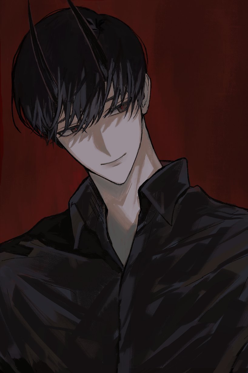 1boy black_eyes black_hair black_shirt closed_mouth collared_shirt commentary demon_horns facing_viewer giwuu hair_between_eyes highres horns kim_dokja light_smile looking_afar looking_to_the_side male_focus omniscient_reader's_viewpoint portrait red_background red_pupils shirt short_hair solo upper_body