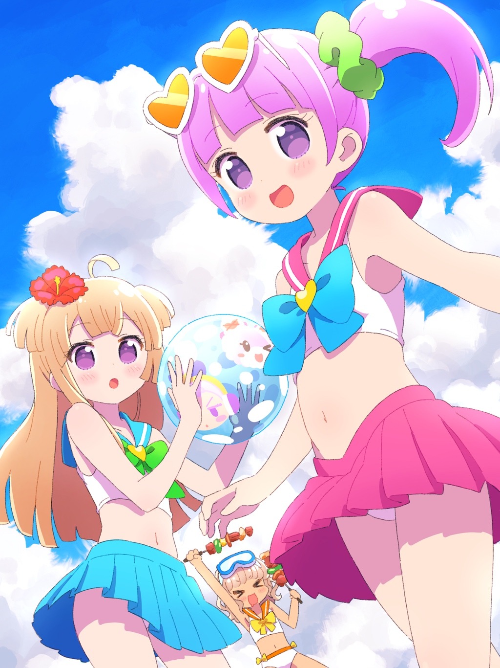 &gt;_&lt; 3girls :d ahoge arm_up ball beachball bikini bikini_skirt blonde_hair blue_background blue_bow blue_sailor_collar blue_skirt blue_sky blunt_bangs blunt_ends blush bow brown_hair cameo character_print cloud commentary_request day eyewear_on_head flower green_bow green_scrunchie hair_flower hair_ornament hair_scrunchie hand_up hands_up heart heart-shaped_eyewear highres holding holding_ball holding_beachball holding_skewer ikzw janis_(pripara) long_hair looking_at_viewer manaka_non multiple_girls navel open_mouth outdoors pink_sailor_collar pink_skirt pleated_skirt pretty_series pripara purple_eyes purple_hair sailor_bikini sailor_collar scrunchie short_hair side_ponytail skewer skirt sky smile standing sunglasses swim_goggles swimsuit taiyo_pepper tsukikawa_chili two_side_up usacha xd