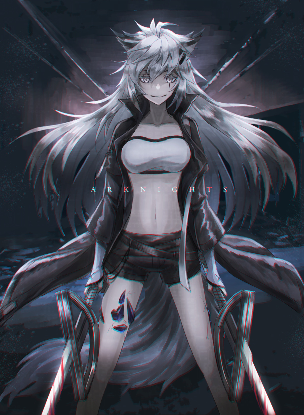 1girl animal_ears arknights bandeau black_coat black_shorts blood blood_on_weapon breasts closed_mouth coat crop_top dark_background dual_wielding feet_out_of_frame grey_eyes highres holding holding_sword holding_weapon lappland_(arknights) long_sleeves looking_at_viewer medium_breasts navel open_clothes open_coat oripathy_lesion_(arknights) scar scar_across_eye shorts shumizoku smile solo sword weapon white_bandeau white_hair