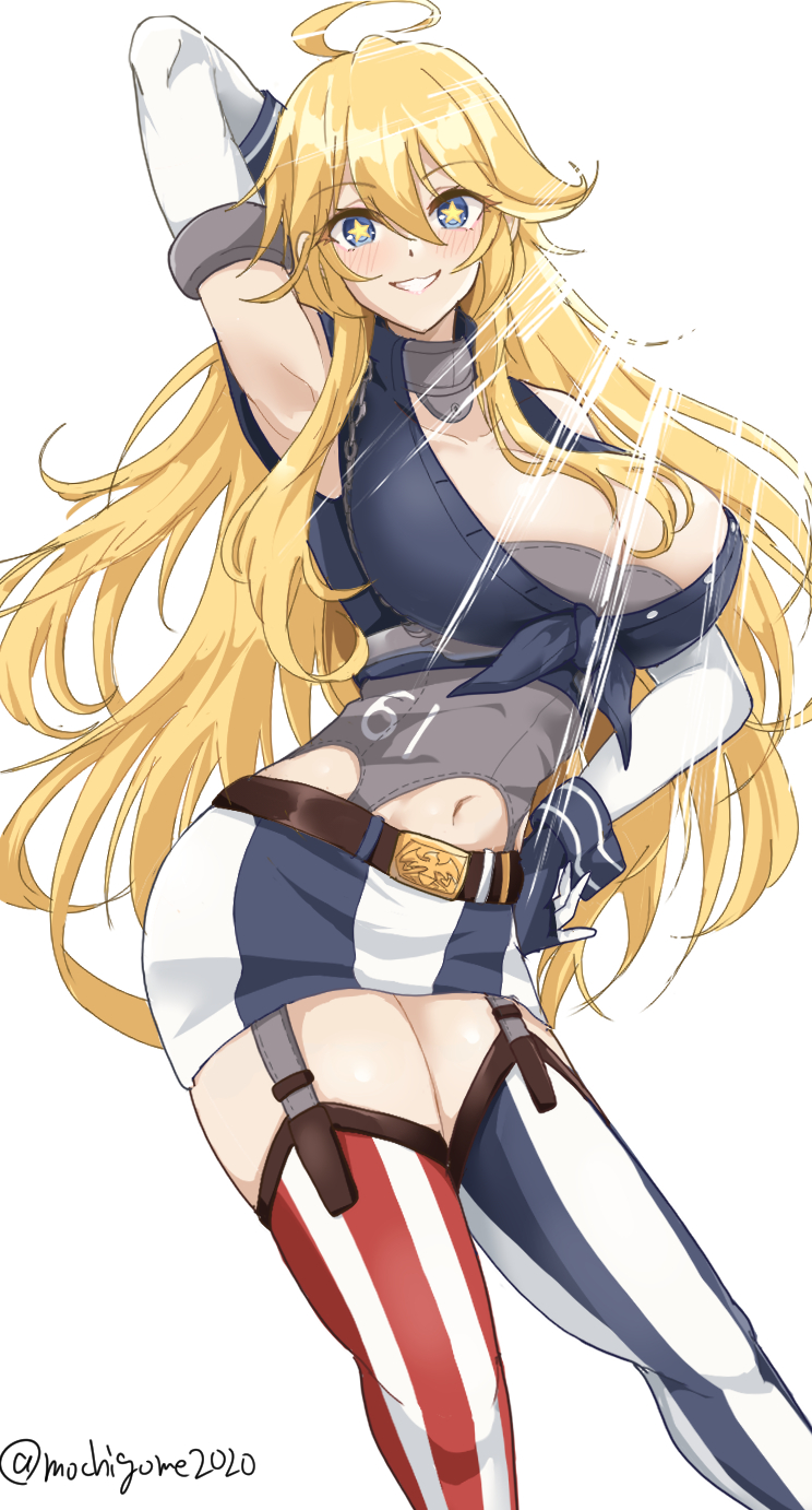 1girl american_flag_legwear asymmetrical_legwear blonde_hair blue_eyes blush breasts chamumi_(mochiumee) cleavage elbow_gloves fingerless_gloves flag_print front-tie_top gloves hair_between_eyes highres iowa_(kancolle) kantai_collection large_breasts long_hair looking_at_viewer mismatched_legwear skirt smile solo star-shaped_pupils star_(symbol) symbol-shaped_pupils thighhighs