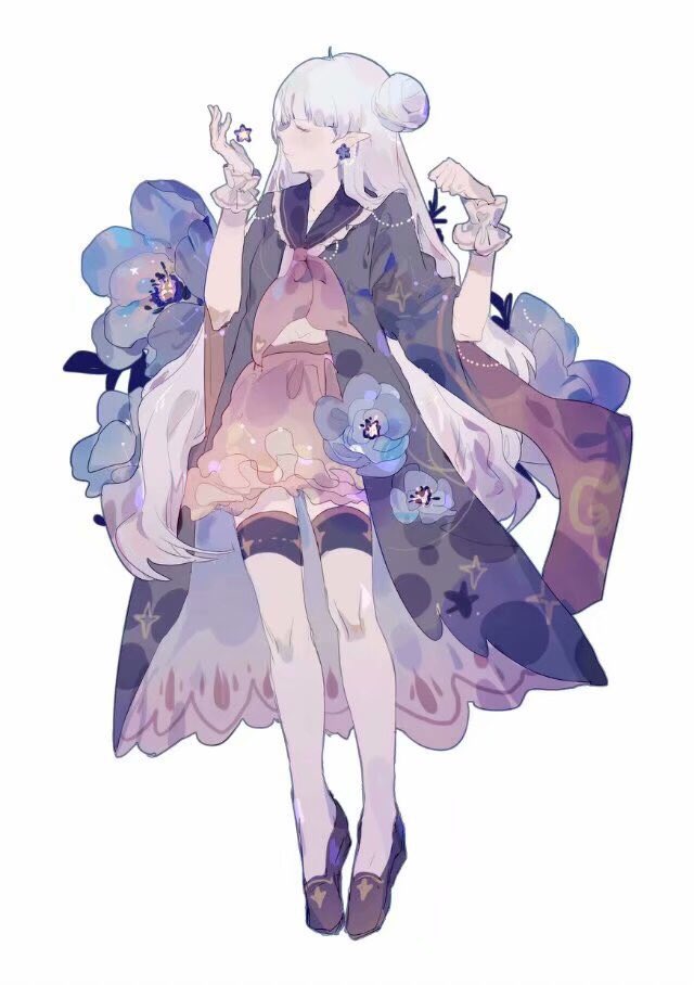 1girl ahoge anemone_(flower) black_footwear black_sailor_collar blunt_bangs clenched_hands closed_eyes collared_shirt commentary earrings flower flower_earrings frilled_skirt frills full_body hair_bun hands_up holding holding_flower jewelry lace-trimmed_sailor_collar lobelia_(saclia) long_hair long_sleeves miniskirt neckerchief original pink_neckerchief pink_skirt pointy_ears purple_flower purple_hair purple_robe purple_sleeves red_sleeves robe sailor_collar shirt shoes simple_background single_side_bun skirt sleeves_past_elbows solo thighhighs two-sided_robe two-sided_sleeves very_long_hair white_background white_robe white_shirt white_thighhighs white_wrist_cuffs wide_sleeves zettai_ryouiki