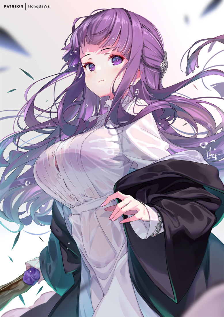 1girl :t black_robe bra bra_visible_through_clothes breasts dress fern_(sousou_no_frieren) half_updo holding holding_staff hong_(white_spider) large_breasts long_sleeves looking_at_viewer patreon_username purple_bra purple_eyes purple_hair robe robe_partially_removed solo sousou_no_frieren staff underwear wet wet_clothes wet_dress white_dress
