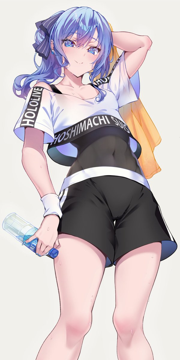 1girl arm_up black_shorts black_tank_top blue_eyes blue_hair bottle character_name closed_mouth collarbone commentary_request covered_navel crop_top cropped_shirt double-parted_bangs feet_out_of_frame from_below hair_between_eyes highres holding holding_bottle holding_towel hololive hololive_dance_practice_uniform hoshimachi_suisei looking_at_viewer midriff official_alternate_costume omoti_(1201208) plastic_bottle ponytail shirt short_sleeves shorts simple_background skin_tight smile solo sweat tank_top towel virtual_youtuber water_bottle wavy_hair white_background white_shirt white_wristband yellow_towel