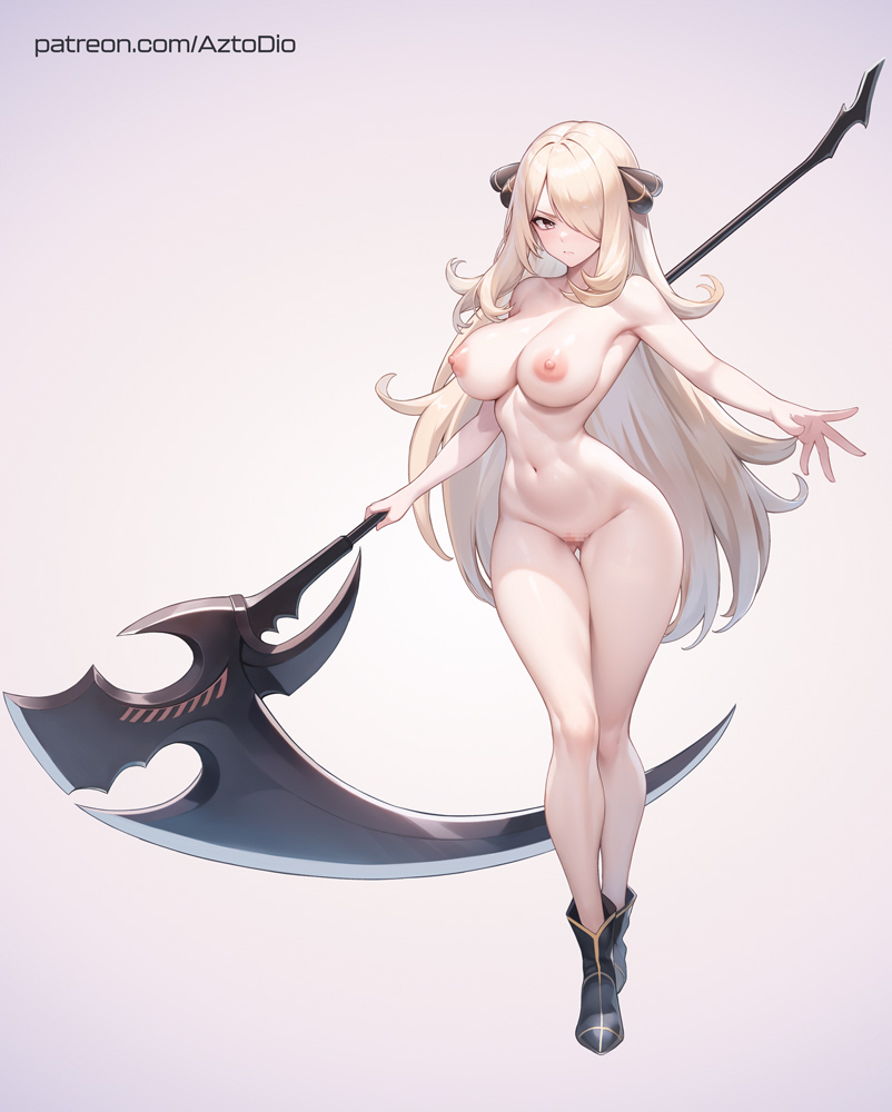 1girl ai-assisted aztodio blonde_hair breasts censored completely_nude cynthia_(pokemon) full_body hair_ornament hair_over_one_eye holding holding_scythe large_breasts long_hair looking_at_viewer mosaic_censoring nipples nude pokemon pokemon_dppt pussy scythe solo v-shaped_eyebrows very_long_hair