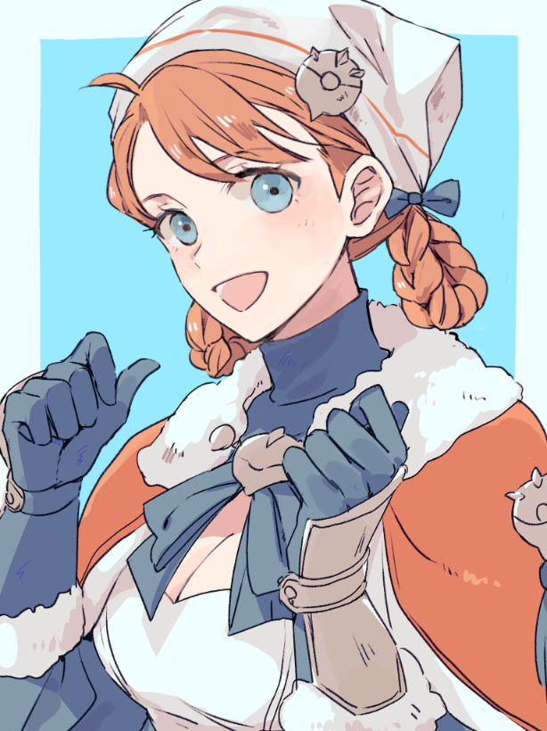 1girl annette_fantine_dominic blue_eyes braided_hair_rings breasts capelet cleavage fire_emblem fire_emblem:_three_houses fire_emblem_warriors:_three_hopes fur_collar looking_at_viewer official_alternate_costume official_alternate_hairstyle tenjin_(ahan) white_headwear