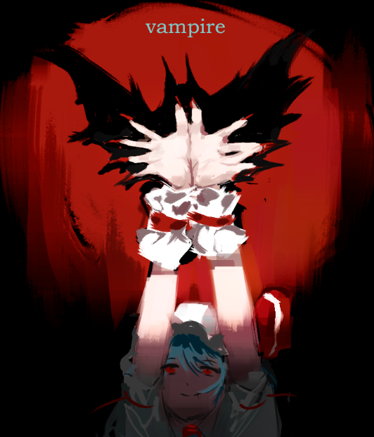 1girl arms_up blue_hair english_text fingernails hair_ribbon hat long_fingernails looking_up mob_cap own_hands_together red_background red_eyes red_nails red_ribbon remilia_scarlet ribbon shadow shadow_puppet sharp_fingernails short_sleeves sparkle71059204 touhou white_headwear white_wrist_cuffs wrist_cuffs