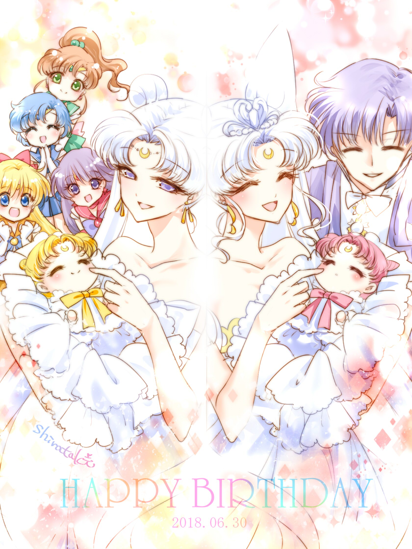 1boy 6+girls :d aged_down aino_minako baby bare_arms bare_shoulders bishoujo_senshi_sailor_moon blonde_hair blue_bow blue_eyes blue_hair blue_sailor_collar blue_skirt blush bow bowtie brooch brown_hair chiba_mamoru chibi_usa circlet closed_eyes collarbone cone_hair_bun crescent crescent_facial_mark dated dot_nose dress elbow_gloves facial_mark facing_another father_and_daughter forehead_mark gloves green_eyes green_sailor_collar hair_bobbles hair_bow hair_bun hair_ornament happy_birthday hino_rei holding_baby inner_senshi jewelry king_endymion kino_makoto long_hair looking_at_another magical_girl mizuno_ami mother_and_daughter multicolored_background multiple_girls neo_queen_serenity open_mouth orange_sailor_collar own_hands_together pink_bow ponytail princess_serenity purple_bow purple_eyes purple_hair queen_serenity red_bow red_sailor_collar sailor_collar sailor_jupiter sailor_mars sailor_mercury sailor_senshi sailor_senshi_uniform sailor_venus shirataki_kaiseki short_hair signature skirt small_lady_serenity smile symmetry tsukino_usagi white_bow white_bowtie white_dress white_gloves white_hair yellow_bow