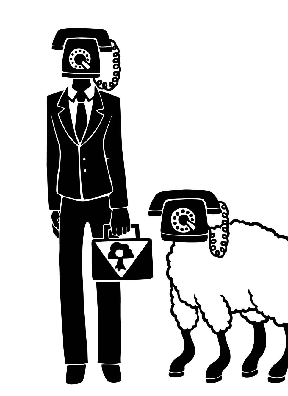 2015 ambiguous_gender anthro biped black_and_white bottomwear bovid briefcase caprine clothing cord digital_drawing_(artwork) digital_media_(artwork) dress_shirt duo electronics for_a_head fur hi_res holding_briefcase hooves humanoid male mammal monochrome necktie object_head pants phone quadruped rotary_phone scp-1498 scp-1498-1 scp_foundation sheep shirt silhouette simple_background standing suit sunnyclockwork topwear unguligrade white_background wool_(fur)