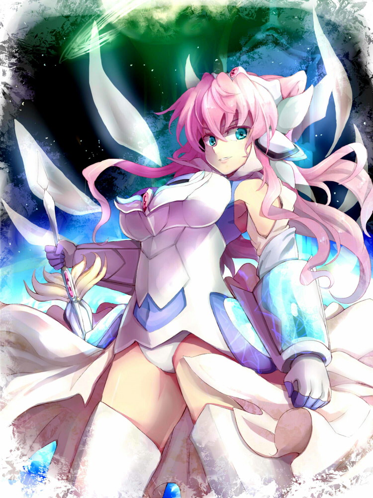 1girl blue_eyes breasts cleavage green_eyes hair_ornament large_breasts long_hair looking_at_viewer maria_cadenzavna_eve pink_hair senki_zesshou_symphogear smile solo symphogear_pendant thighhighs thighs yude