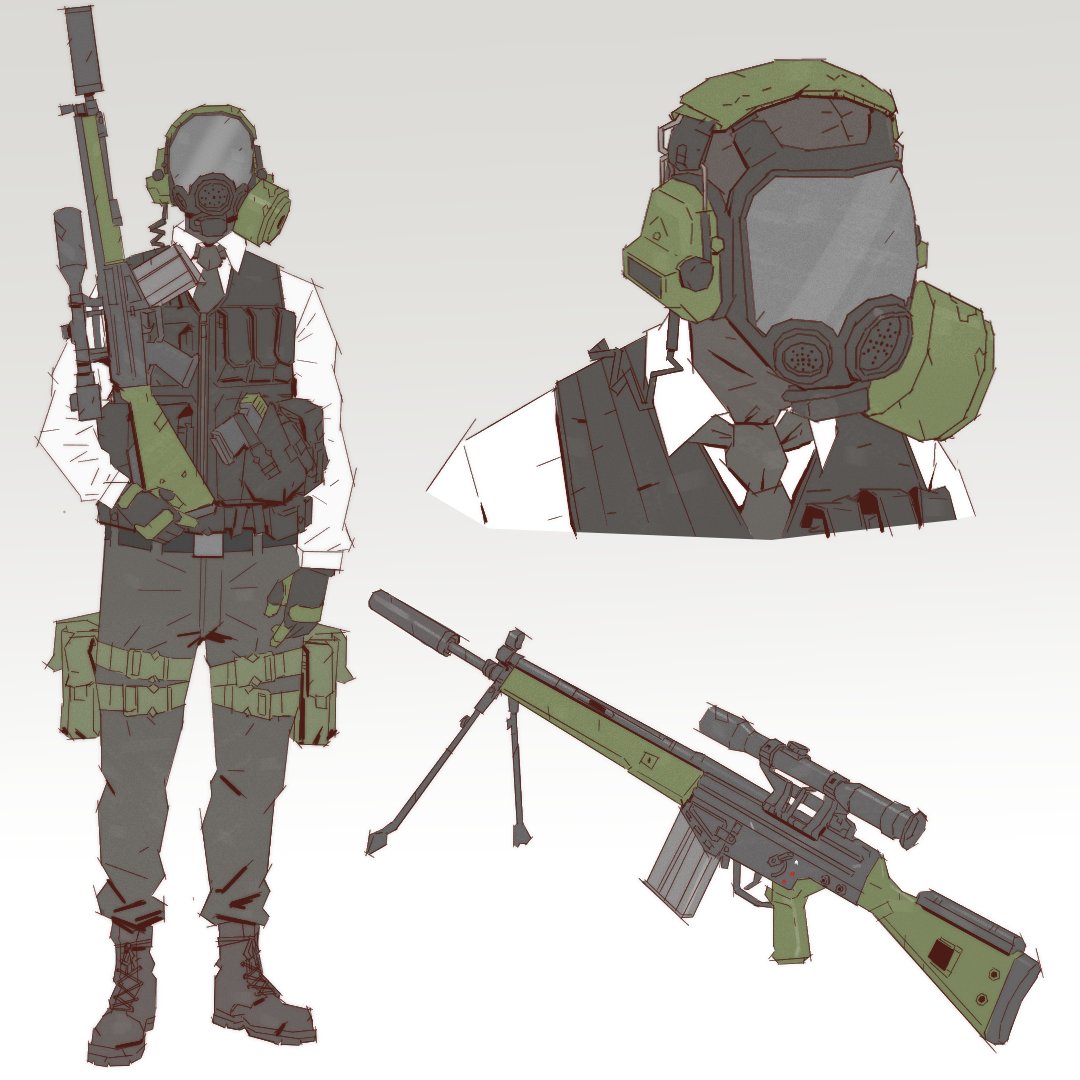 1boy ammunition_pouch assault_rifle belt bipod gas_mask gloves gun h&amp;k_g36 hat_legs holding holding_gun holding_weapon mask necktie original pouch rifle scope shirt sniper_rifle solo suit suppressor vest weapon white_background white_shirt