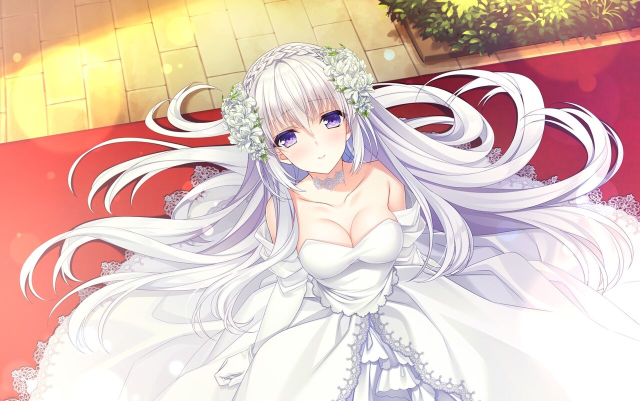 1girl bangs blush braid breasts cleavage closed_mouth collarbone crown_braid dress elbow_gloves floating_hair flower from_above game_cg gloves hair_between_eyes hair_flower hair_ornament lens_flare long_dress long_hair looking_at_viewer medium_breasts purple_eyes senkou_no_clarias shelly_linestad smile solo strapless strapless_dress suzuhira_hiro very_long_hair wedding_dress white_dress white_flower white_gloves white_hair