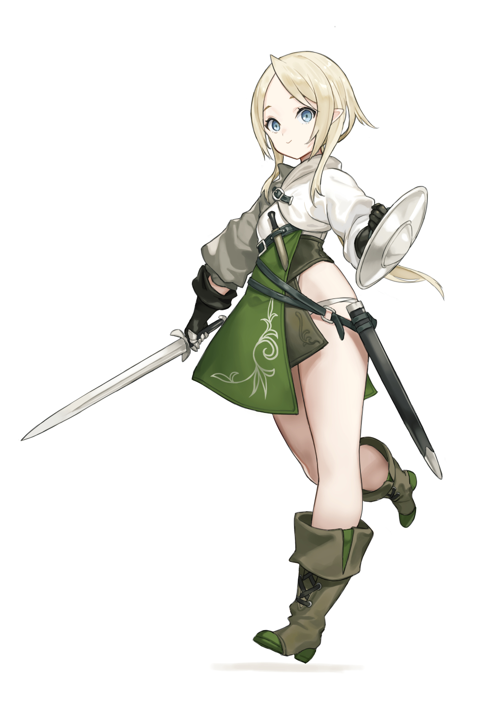 1girl blonde_hair blue_eyes boots buckler elf fantasy gloves highres holding holding_sword holding_weapon km_yama knife long_hair looking_at_viewer low_ponytail original pointy_ears shield smile solo sword unsheathed weapon