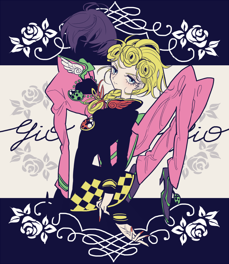 2boys androgynous black_hair blending blonde_hair blue_eyes braid brooch bug character_name dual_persona faceless faceless_male floral_background flower giorno_giovanna jacket jewelry jojo_no_kimyou_na_bouken knees_up ladybug leaning_back long_hair looking_at_viewer male_focus meremero multiple_boys nail_polish pants pink_jacket pink_pants red_nails rose silhouette standing vento_aureo