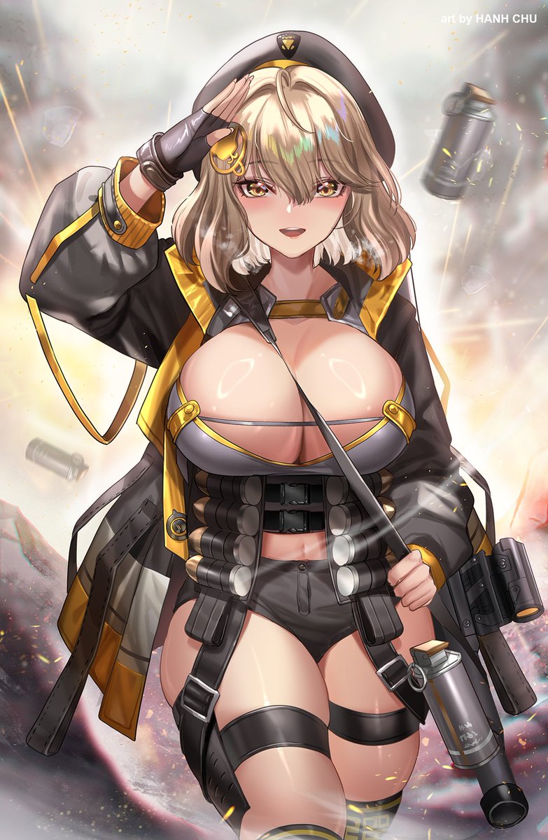 1girl ahoge anis_(nikke) arm_up artist_name beret black_headwear black_jacket black_shorts black_thighhighs blonde_hair blush breasts cleavage crop_top explosion fingerless_gloves gloves goddess_of_victory:_nikke grey_gloves grey_shirt hanh_chu hat highres jacket large_breasts looking_at_viewer multicolored_clothes multicolored_jacket open_mouth orange_jacket salute shirt short_hair short_shorts shorts single_glove smile smoke_grenade solo strap thigh_strap thighhighs two-tone_jacket weapon yellow_eyes