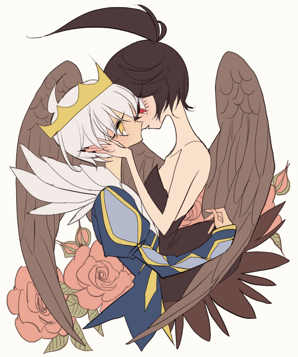 1boy 1girl ahoge ballerina bare_shoulders black_hair blue_jacket brown_wings cropped_legs crown expressionless face-to-face feathered_wings flower from_side hand_on_another's_face hand_up jacket juliet_sleeves long_sleeves looking_at_another meremero mytho_(princess_tutu) open_mouth prince princess_kraehe princess_tutu profile puffy_sleeves red_eyes red_flower red_rose rose rue_(princess_tutu) short_hair smile standing tutu white_hair wings yellow_eyes
