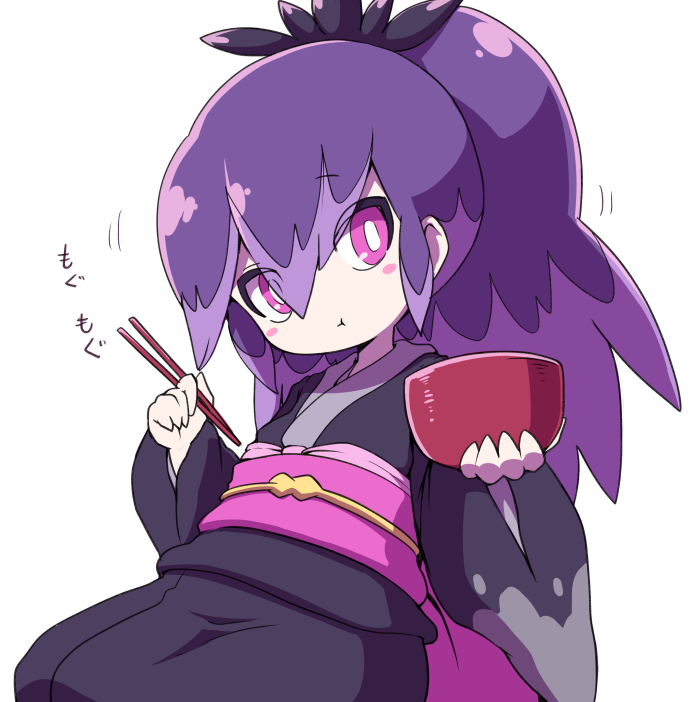 1girl chopsticks eating holding holding_chopsticks hyakkihime japanese_clothes kimono long_hair looking_at_viewer multicolored_hair nollety pink_eyes purple_hair simple_background solo two-tone_hair white_background youkai_(youkai_watch) youkai_watch