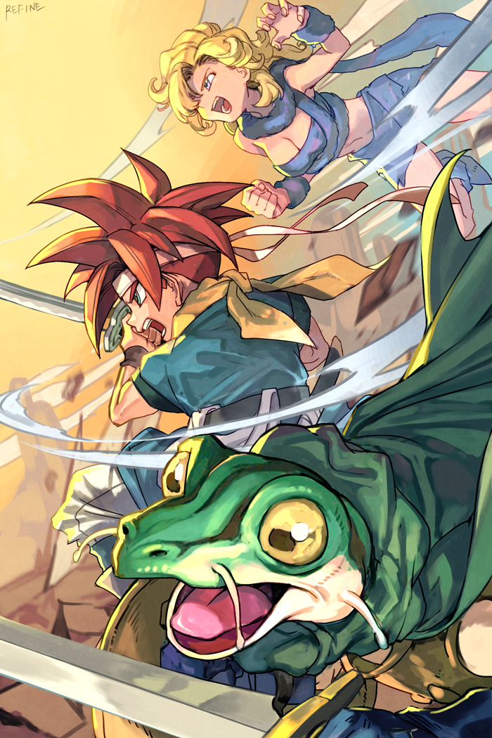 1girl 2boys ayla_(chrono_trigger) blonde_hair blue_eyes blue_gloves breasts cape cavewoman chrono_trigger cleavage colored_sclera crono_(chrono_trigger) crop_top curly_hair fingernails frog_(chrono_trigger) frog_boy gloves green_cape grey_eyes grey_skirt headband holding holding_shield holding_sword holding_weapon hungry_clicker katana long_hair medium_breasts midriff miniskirt multiple_boys navel open_mouth pants profile red_hair scarf shield short_hair skirt spiked_hair stomach sword teeth tongue weapon white_headband white_pants yellow_scarf yellow_sclera