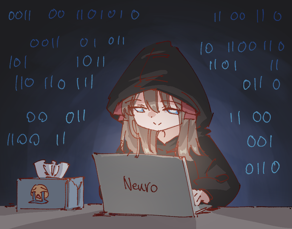 1girl binary black_hood blue_eyes brown_hair computer crying_emoji emoji hacking hair_ribbon indie_virtual_youtuber laptop neuro-sama red_ribbon ribbon rune_(dualhart) solo tissue_box virtual_youtuber