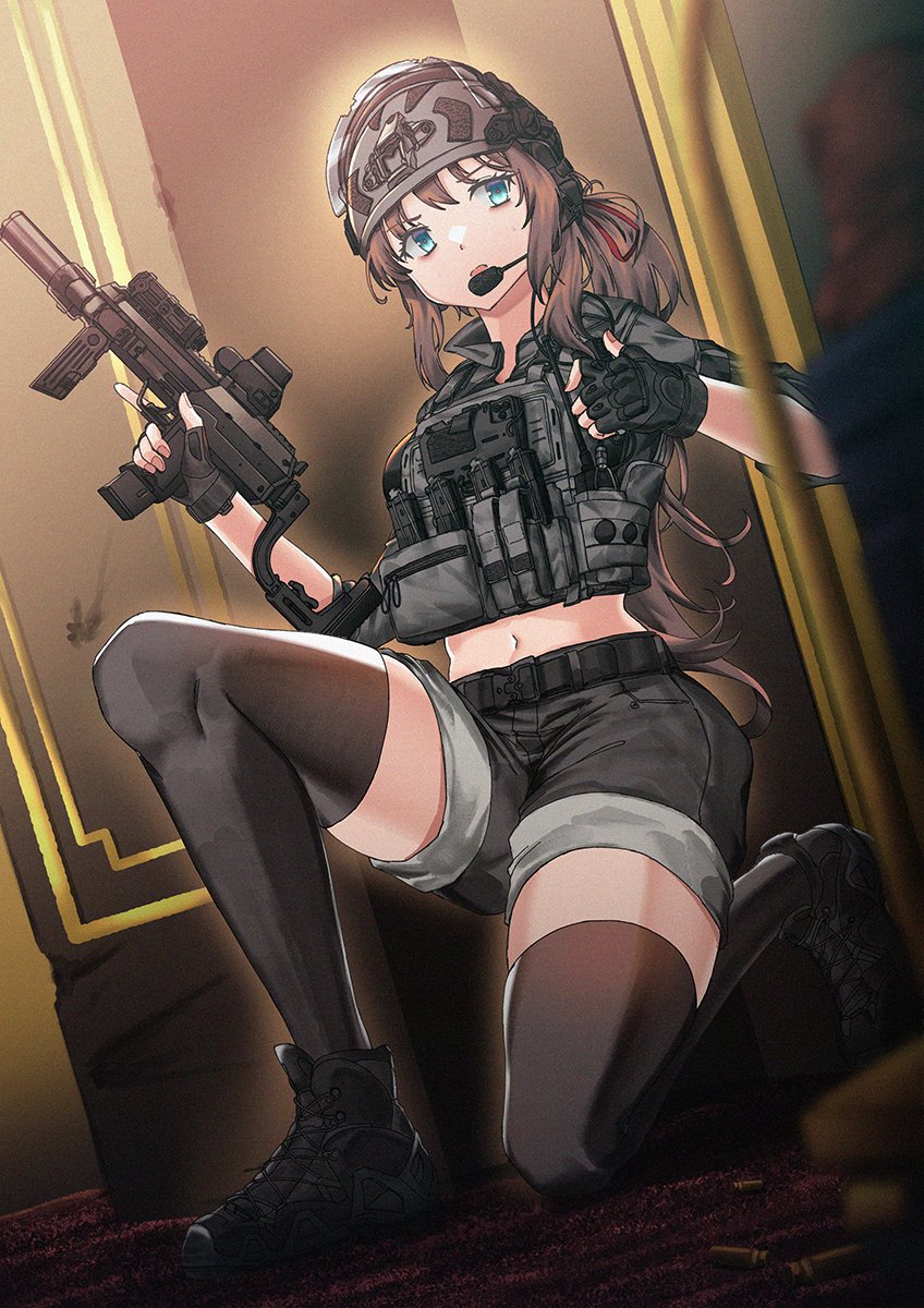 1girl ammunition_pouch black_footwear black_shorts black_thighhighs blue_eyes brown_hair combat_helmet commission cropped_jacket ear_protection fingerless_gloves gloves grey_jacket gun h&amp;k_mp7 hands_up helmet highres holding holding_weapon indoors jacket laser_sight long_hair looking_to_the_side microphone midriff navel on_one_knee open_mouth optical_sight original persocon93 phone plate_carrier ponytail pouch red_ribbon ribbon shoes shorts solo submachine_gun suppressor termichan_(not-a-bot) thighhighs visor_(armor) weapon