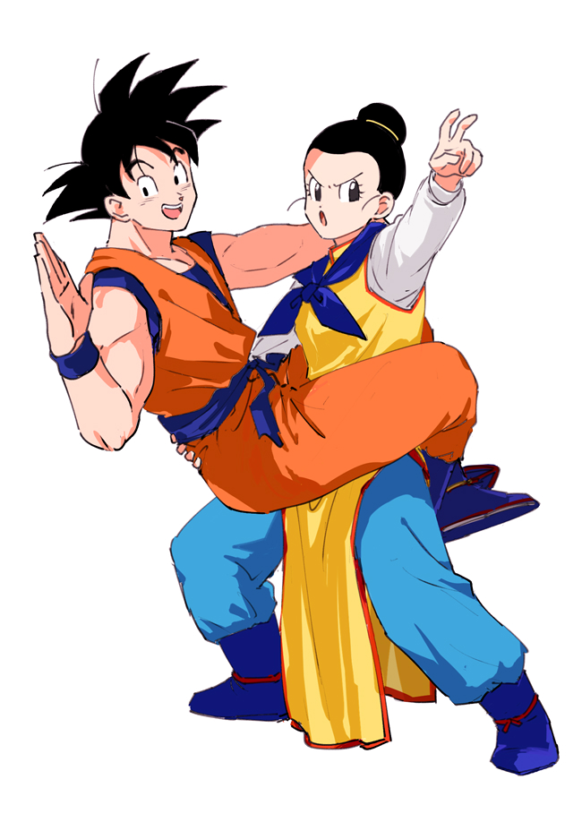 1boy 1girl :d :o arm_up biceps black_eyes black_hair blue_footwear blue_neckerchief blue_pants blue_sash blue_shirt blue_wristband blush boots carrying chi-chi_(dragon_ball) commentary_request dougi dragon_ball dragon_ball_z eyelashes hair_bun hand_up husband_and_wife long_sleeves looking_at_viewer neckerchief open_mouth orange_pants pants pny_panya sash shirt short_hair simple_background single_hair_bun smile son_goku spiked_hair standing teeth upper_teeth_only v-shaped_eyebrows white_background white_shirt wristband