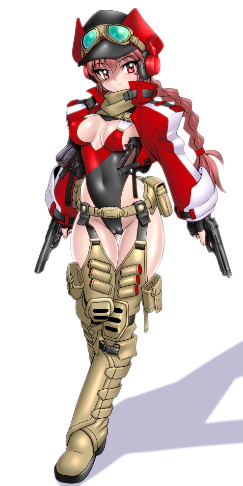 1girl ammunition ammunition_belt ammunition_pouch athletic_leotard boots braid breasts dual_wielding goggles goggles_on_headwear gun hat holding holding_gun holding_weapon holster leotard long_hair magazine_(weapon) magic_knight_rayearth navel pouch red_eyes red_hair sakura_ryuuken shidou_hikaru shoulder_holster shrug_(clothing) solo weapon