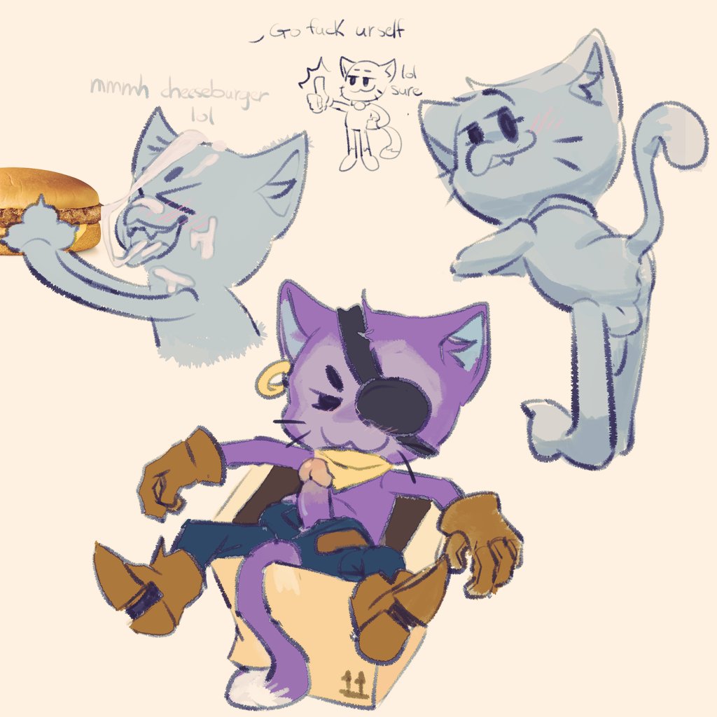 anthro black bodily_fluids brawl_stars collar cum cum_on_face darkafsun domestic_cat eye_patch eyewear felid feline felis fellatio genital_fluids kit_(brawl_stars) male male/male mammal oral penile sex solo