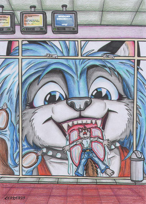 anthro blue_eyes blue_hair bodily_fluids bottomwear canid canine canis cerberus_(artist) cerberus_(character) clothing denim denim_clothing female hair handpaw inside jeans licking macro male mammal nikita_(character) not_big_and_not_clever pants paws saliva teeth tirrel tongue tongue_out wolf