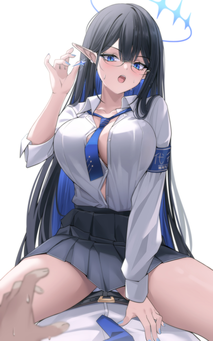 1boy 1girl black_hair black_skirt blue_archive blue_eyes blue_halo blue_necktie blush breasts collared_shirt colored_inner_hair giga-tera girl_on_top glasses halo highres large_breasts long_hair long_sleeves multicolored_hair necktie open_mouth pleated_skirt pointy_ears rin_(blue_archive) shirt simple_background skirt white_background white_shirt