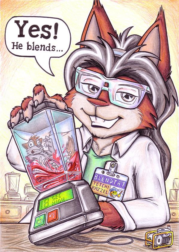 anthro appliance blender_(machine) blood bodily_fluids canid canine canis cerberus_(artist) cerberus_(character) clothing coat dismemberment eurasian_red_squirrel female fur generator gore guts humor inside kitchen_appliance male mammal not_big_and_not_clever organs red_body red_fur rodent safety_glasses sciurid shirt speech_bubble tetchie tirrel topwear tree_squirrel white_clothing white_coat white_topwear wolf