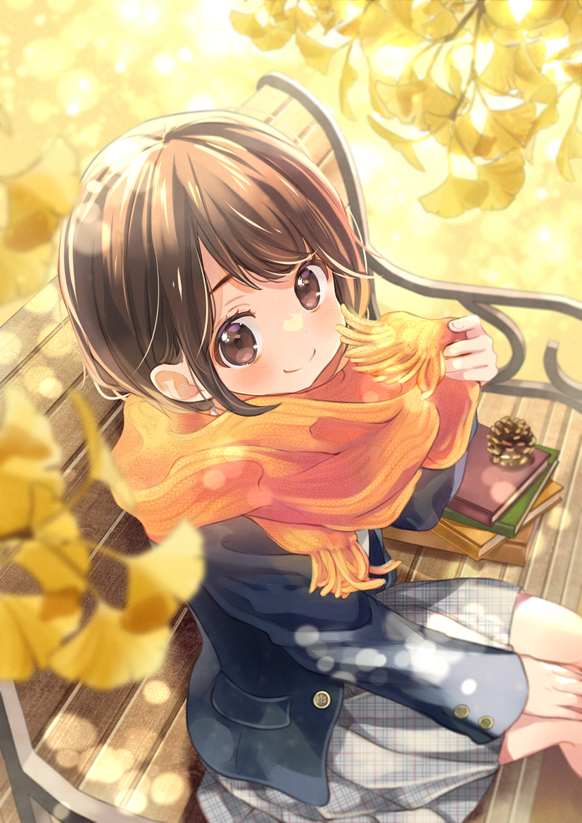 1girl black_jacket blazer book book_stack brown_eyes brown_hair closed_mouth commentary_request day fringe_trim ginkgo_leaf grey_skirt jacket kuga_tsukasa leaf on_bench orange_scarf original outdoors pinecone scarf school_uniform shirt sitting skirt smile solo white_shirt