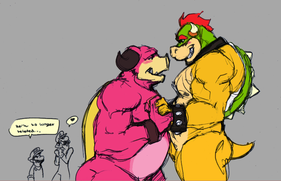 &lt;3 2011 blush bowser bowser's_inside_story duo hand_holding hybrid koopa luigi male male/male mario mario_and_luigi_(series) mario_bros midbus monster nintendo nude pecs scalie smile wuffinarts