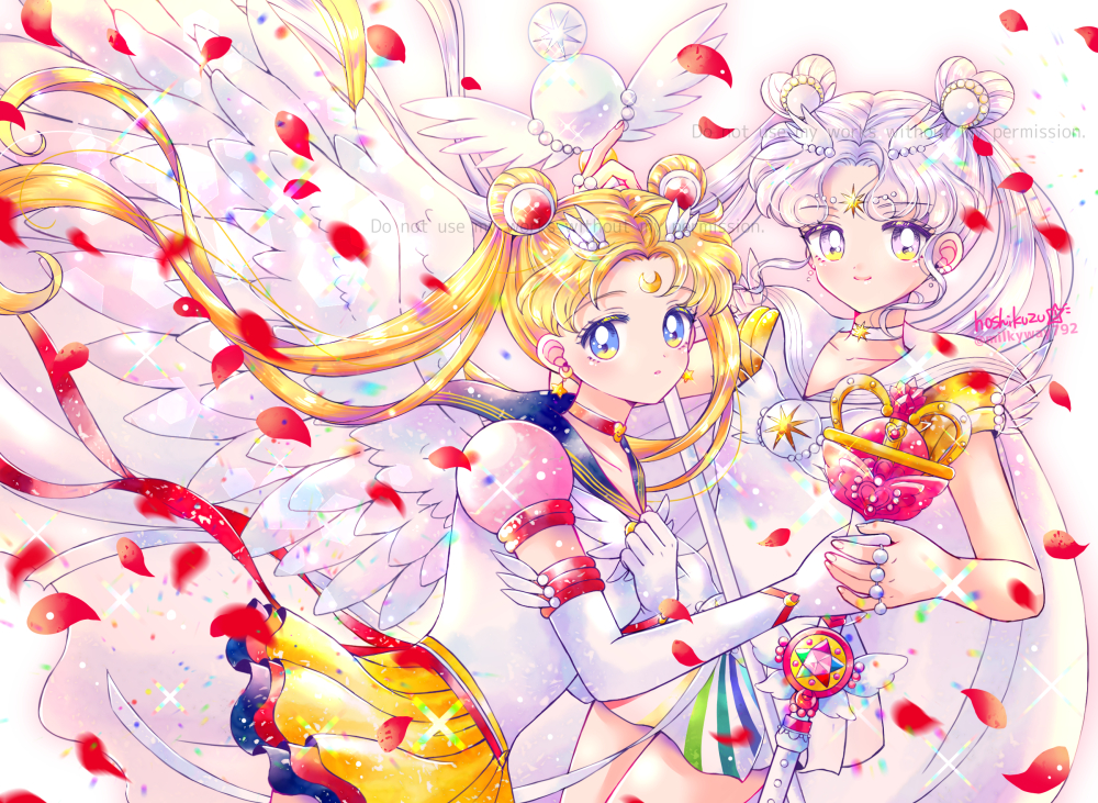 2girls angel_wings bare_arms bishoujo_senshi_sailor_moon blonde_hair blue_eyes blue_sailor_collar blue_skirt brooch cape choker closed_mouth collarbone cowboy_shot crescent crescent_facial_mark dot_nose double_bun dress earrings elbow_gloves eternal_sailor_moon eternal_tiare facial_mark feathered_wings forehead_mark gloves hair_bun hair_ornament heart heart_choker heart_hair_bun holding holding_staff hoshikuzu_(milkyway792) jewelry layered_skirt long_hair looking_at_viewer magical_girl multicolored_eyes multiple_girls parted_lips petals puffy_sleeves red_choker red_ribbon red_skirt ribbon ring rose_petals sailor_collar sailor_cosmos sailor_moon sailor_senshi sailor_senshi_uniform short_dress signature skirt smile staff standing star_(symbol) star_choker tsukino_usagi twintails twitter_username watermark white_cape white_choker white_dress white_eyes white_gloves white_hair white_ribbon white_sailor_collar white_wings wings yellow_eyes yellow_skirt