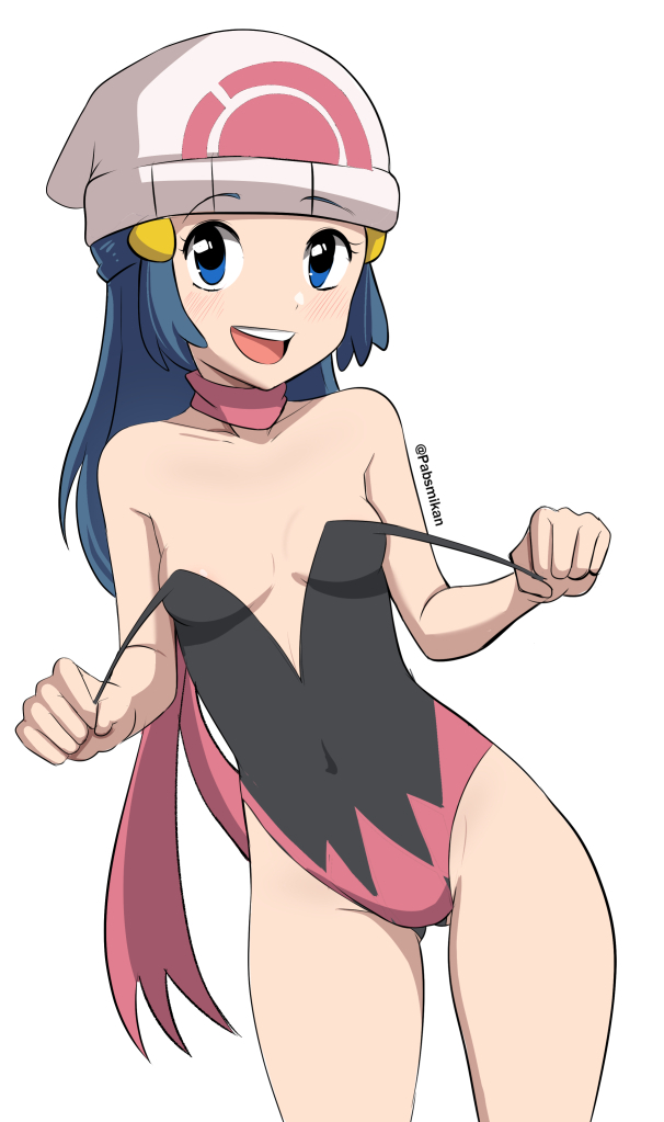 1girl adapted_costume areola_slip artist_name ass_visible_through_thighs bare_shoulders beanie black_leotard blue_eyes blue_hair blush breasts clenched_hands collarbone commentary covered_navel cowboy_shot dawn_(pokemon) hair_ornament hairclip hands_up happy hat leotard long_hair looking_at_viewer open_mouth pabsmikan pink_scarf poke_ball_symbol pokemon pokemon_dppt pulled_by_self scarf sidelocks simple_background skin_tight small_breasts smile solo standing strap_pull teeth thighs twitter_username two-tone_leotard watermark white_background white_headwear