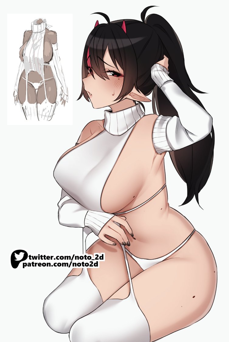 1girl ahoge bare_shoulders black_hair black_nails breasts demon_horns detached_sleeves garter_straps horns indie_virtual_youtuber large_breasts long_hair long_sleeves looking_at_viewer meme_attire mole mole_on_breast mole_on_thigh mole_under_eye multicolored_hair navel noto_hams panties parted_lips ponytail red_eyes red_horns ribbed_sleeves ribbed_sweater sideboob simple_background sitting sleeveless sleeveless_sweater sleeveless_turtleneck sleeves_past_wrists solo streaked_hair string_panties sweatdrop sweater thighhighs turtleneck turtleneck_sweater underwear virgin_destroyer_sweater virtual_youtuber white_background white_panties white_sweater