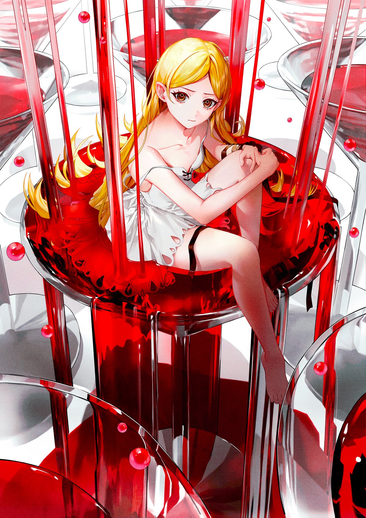 1girl ambiguous_red_liquid bare_legs bare_shoulders barefoot black_ribbon blonde_hair brown_eyes champagne_tower collarbone commentary_request cross-laced_clothes cross-laced_dress cup dress drinking_glass eyelashes frown highres kiss-shot_acerola-orion_heart-under-blade kizumonogatari long_hair looking_at_viewer mini_person monogatari_(series) nekoyama_iori off_shoulder official_art oshino_shinobu parted_bangs ribbon second-party_source water_drop white_dress wine_glass wrist_ribbon