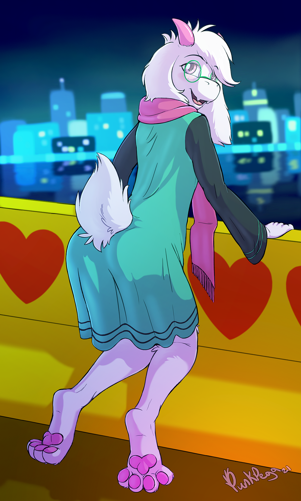 &lt;3 2021 anthro blush bovid caprine city clothing deltarune eyewear glasses goat hi_res horn looking_back male mammal open_mouth paws punk-pegasus ralsei scarf smile solo undertale_(series) video_games