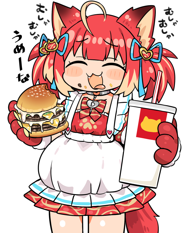 1girl :3 akami_karubi animal_hands apron blonde_hair bow burger cat_girl closed_eyes collar colored_tips commentary_request cowboy_shot dress drink fangs food food_bite furrowed_brow gloves happy holding holding_drink holding_food indie_virtual_youtuber kanikama multicolored_hair open_mouth papa's_gameria paw_gloves pleated_dress raised_eyebrows red_bow red_dress red_hair short_dress short_twintails smile solo striped_bow tail tongue tongue_out twintails virtual_youtuber white_apron