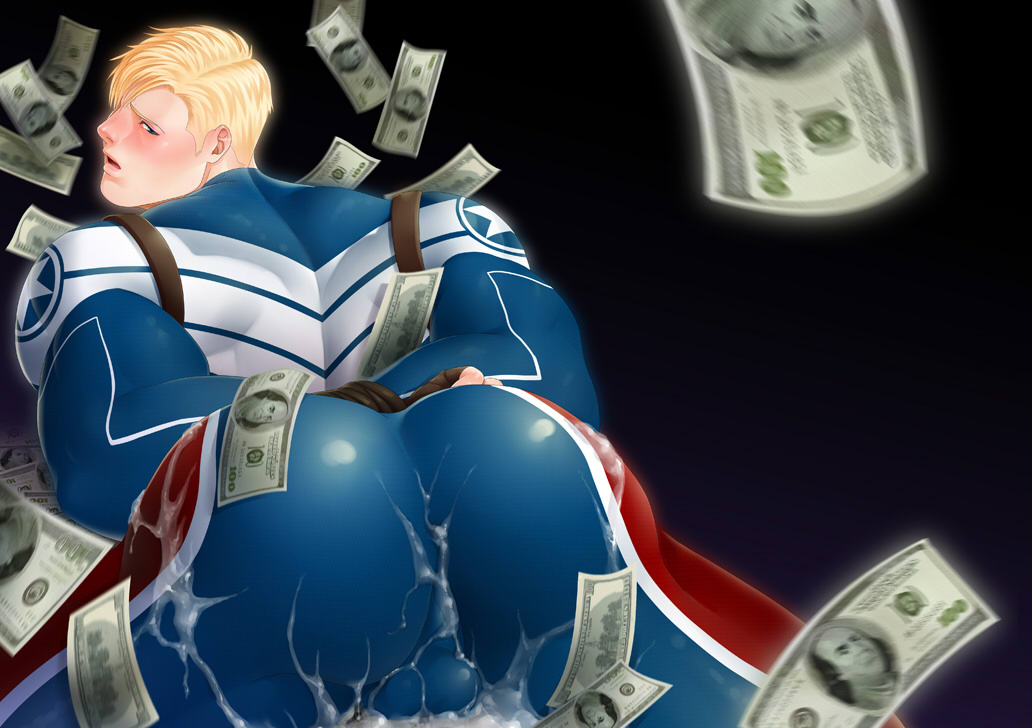 1boy arms_behind_back ass back banknote bara blonde_hair blue_bodysuit blush bodysuit bound bound_wrists bulge captain_america captain_america_(series) cum cum_on_ass cum_on_clothes dollar_bill falling_money looking_back male_focus marvel money multicolored_bodysuit multicolored_clothes muscular muscular_male mxsxe open_mouth red_bodysuit short_hair solo steve_rogers white_bodysuit yaoi