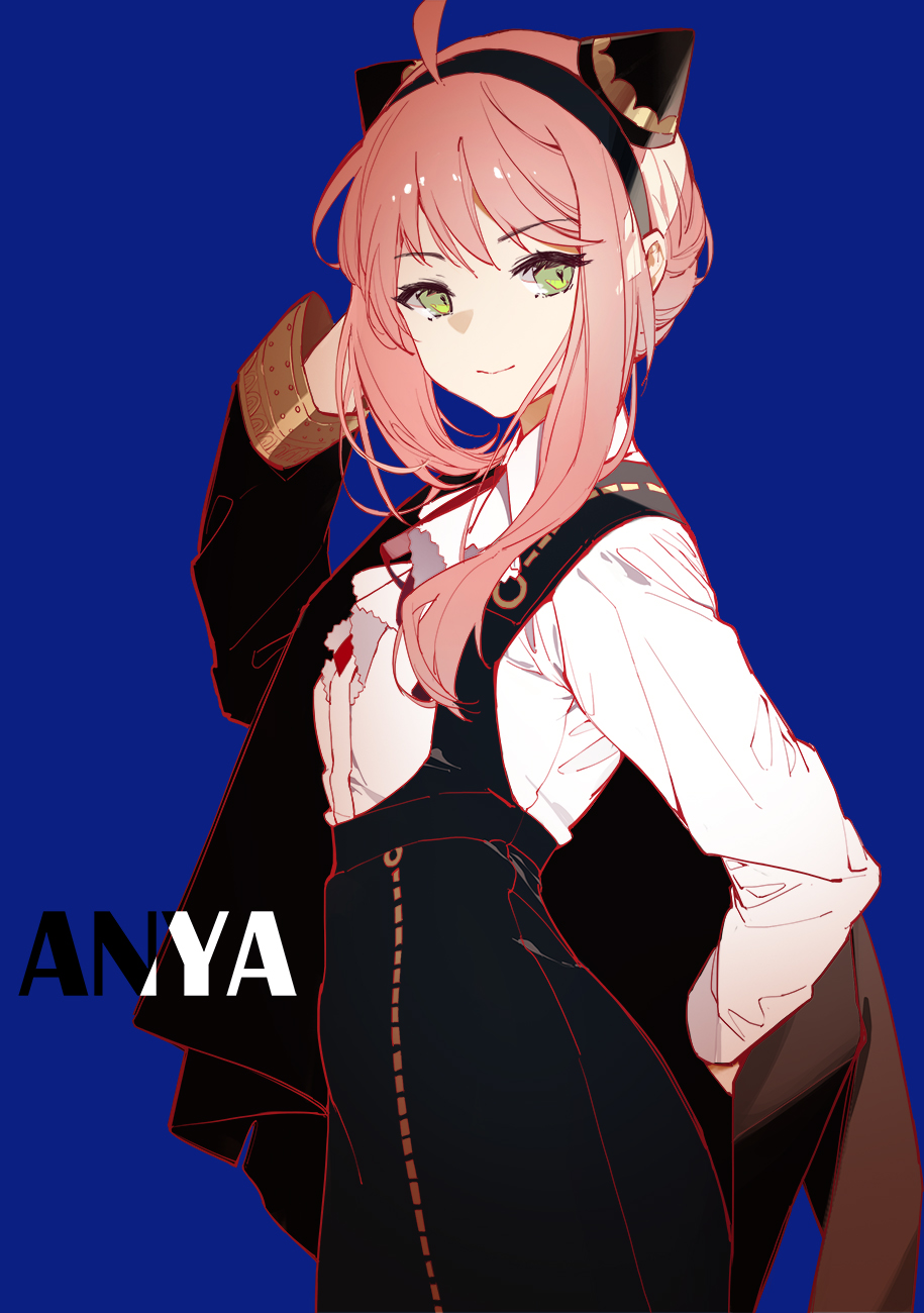 1girl adapted_costume ahoge alternate_hairstyle anya_(spy_x_family) bangs black_jacket black_skirt blue_background character_name closed_mouth collared_shirt cowboy_shot dress_shirt dressing eden_academy_uniform fake_horns frills green_eyes hair_ornament hairband hairclip hand_up highres horns jacket long_sleeves looking_at_viewer off_shoulder older open_clothes open_jacket pencil_skirt pink_hair ribbon_trim school_uniform shirt sidelocks simple_background skirt smile solo spy_x_family suspender_skirt suspenders teo1984 updo white_shirt