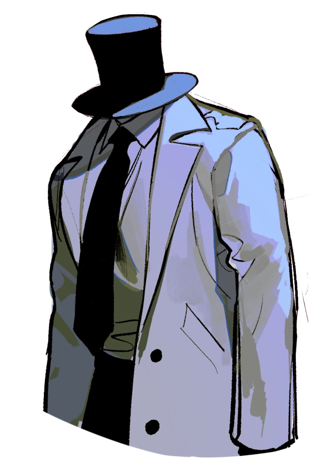 1boy black_headwear black_necktie black_pants coat collared_coat collared_shirt cropped_legs grey_coat grey_shirt hat headless highres long_sleeves male_focus necktie original pants sasi_mozzi1 shirt simple_background solo top_hat upper_body white_background