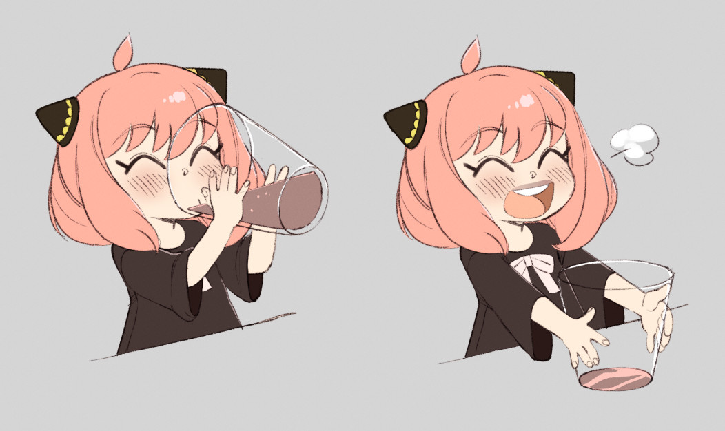 1girl ahoge anya_(spy_x_family) black_shirt chocolate_milk closed_eyes commentary cup drinking drinking_glass glass grey_background holding holding_cup medium_hair multiple_views open_mouth pink_hair shirt simple_background smile spy_x_family teeth upper_teeth_only yokappa_(jokappa)