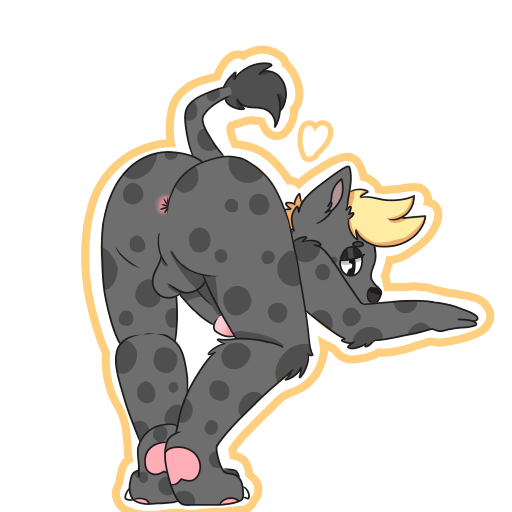 &lt;3 anthro anus bedroom_eyes calahoo_(calahootheyeen) genitals hyena male mammal milkypale narrowed_eyes penis presenting presenting_anus seductive solo spotted_hyena sticker submissive submissive_male