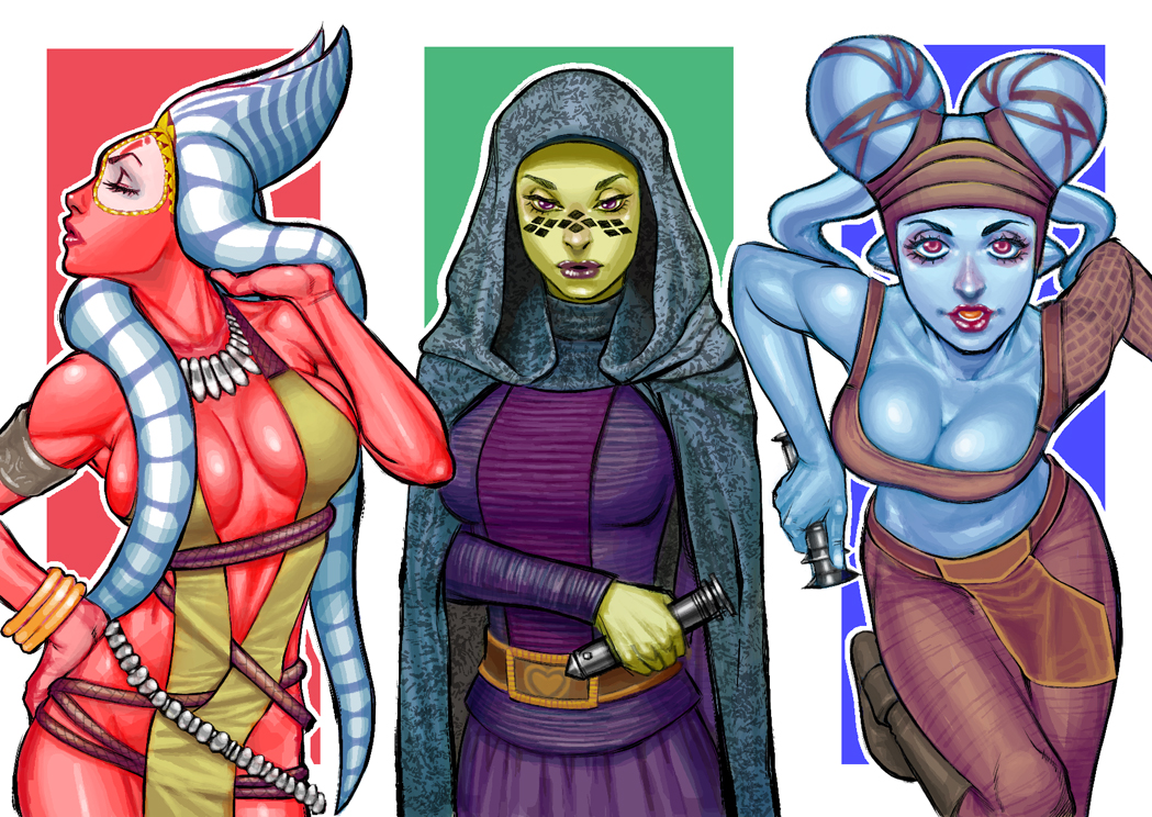 3girls aayla_secura alien barriss_offee blue_skin breasts brown_pants brown_shirt cleavage cloak closed_eyes colored_skin crop_top energy_sword green_skin grey_cloak holding_lightsaber hood hooded_cloak kachakacha large_breasts lekku_(anatomy) lightsaber looking_at_viewer looking_to_the_side mirialan multiple_girls pants purple_shirt purple_skirt red_skin shaak_ti shirt skirt star_wars sword togruta twi'lek weapon