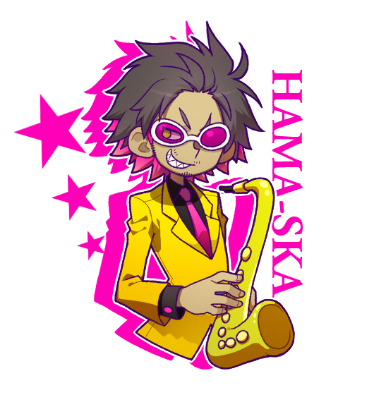 1boy black_hair brown_eyes collared_shirt cropped_torso drop_shadow evil_grin evil_smile fingernails foxy_(pop'n) grin holding holding_instrument humanization instrument jacket kiri_futoshi long_sleeves male_focus necktie pink_necktie pop'n_music purple-tinted_eyewear saxophone sharp_teeth shirt short_hair smile solo song_name sparse_stubble star_(symbol) teeth tinted_eyewear yellow_jacket