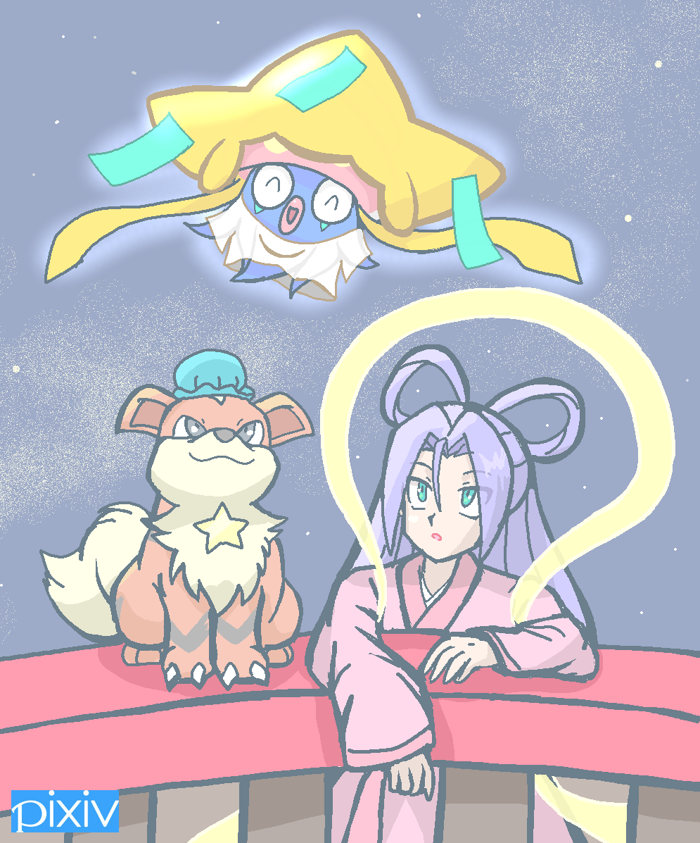 1boy crossdressing gardear058 growlithe inkay james_(pokemon) japanese_clothes jirachi kimono night night_sky otoko_no_ko pokemon pokemon_(anime) pokemon_(creature) qixi_festival sky tanabata team_rocket